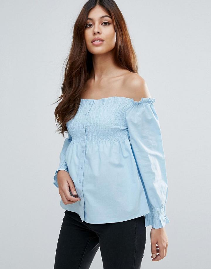 Influence Shirred Button Through Top - Blue
