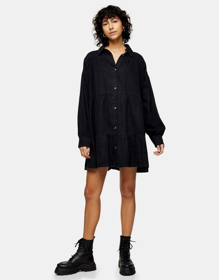 Topshop Tiered Denim Mini Shirt Dress In Black-brown