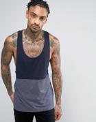 Asos Tank With Contrast Panels And Extreme Racer Back In Navy/navy Marl - Navy