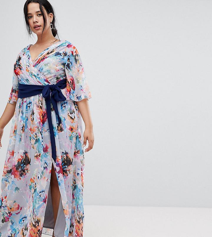Little Mistress Plus Plunge Front Maxi Dress With Cape Detail In Full Bloom Print - Multi