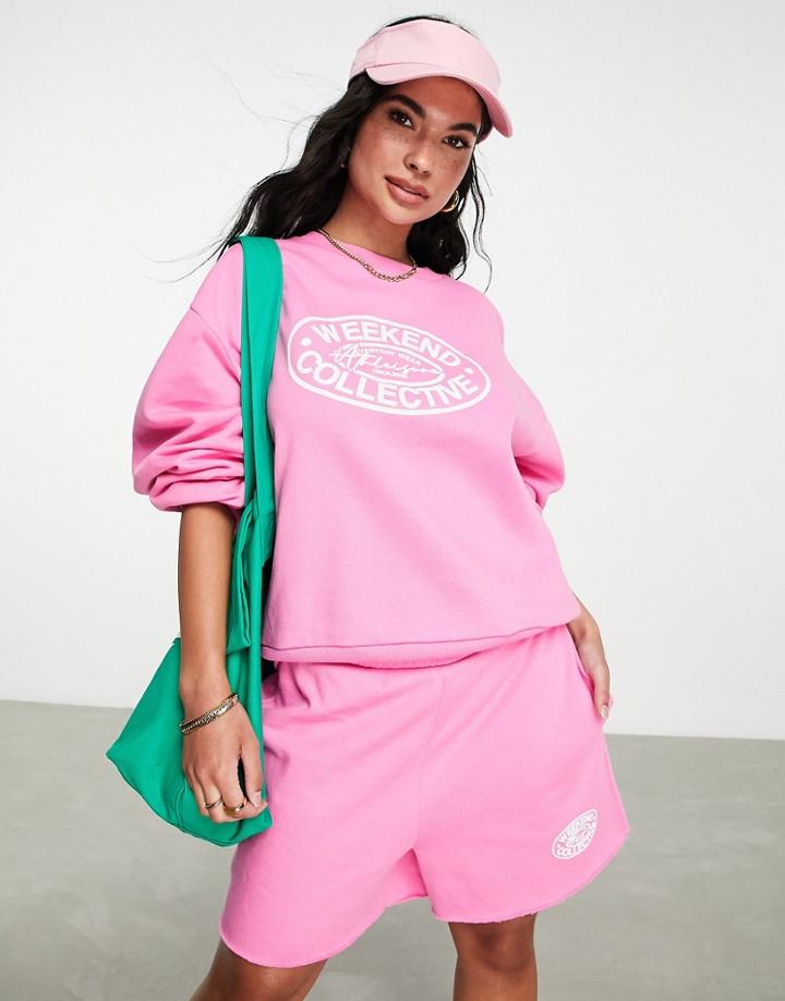 Asos Weekend Collective Boxy Sweatshirt With Oval Logo In Pink - Part Of A Set