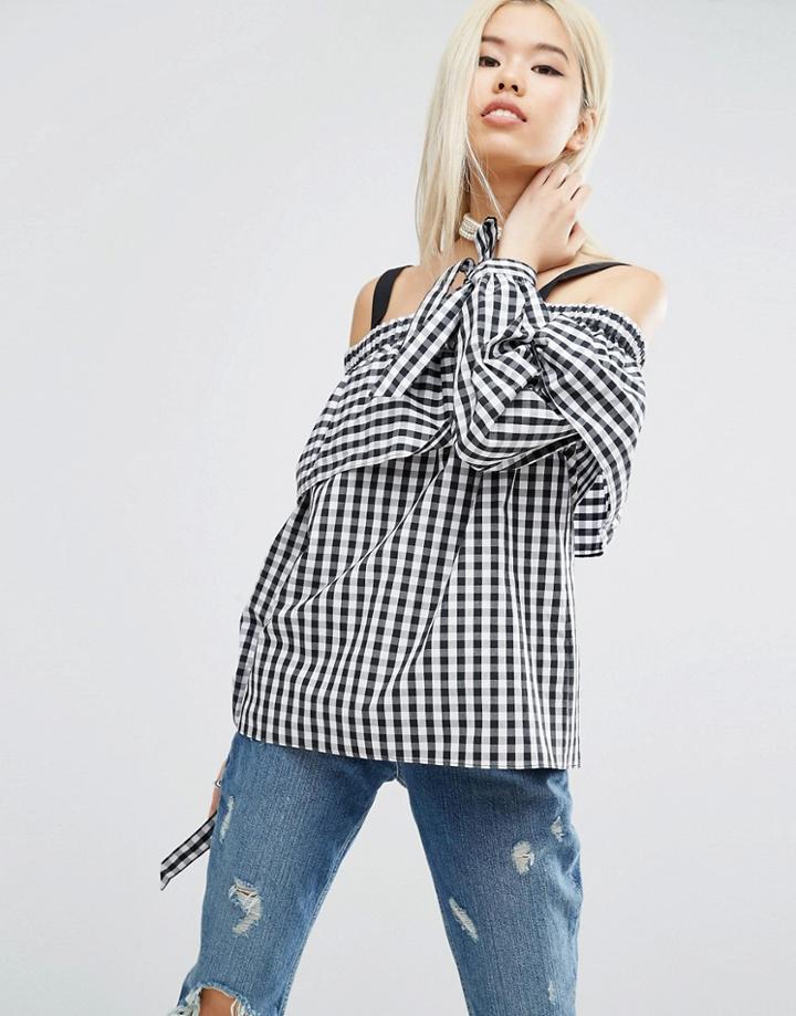 Asos Gingham Cotton Cold Shoulder Top With Tie Detail - Multi