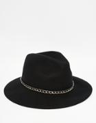 Asos Fedora Hat In Black Felt With Chain - Black