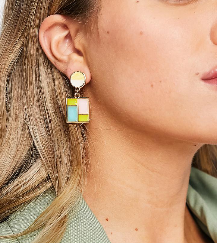 Glamorous Exclusive Mosaic Drop Enamel Earrings In Pink And Green-multi