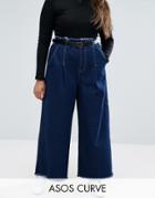 Asos Curve Belted Wide Leg Jeans With Raw Hem - Blue