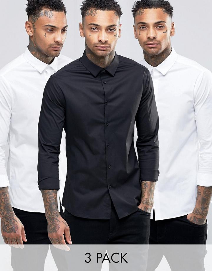 Asos Skinny Shirt In White And Black 3 Pack - Multi