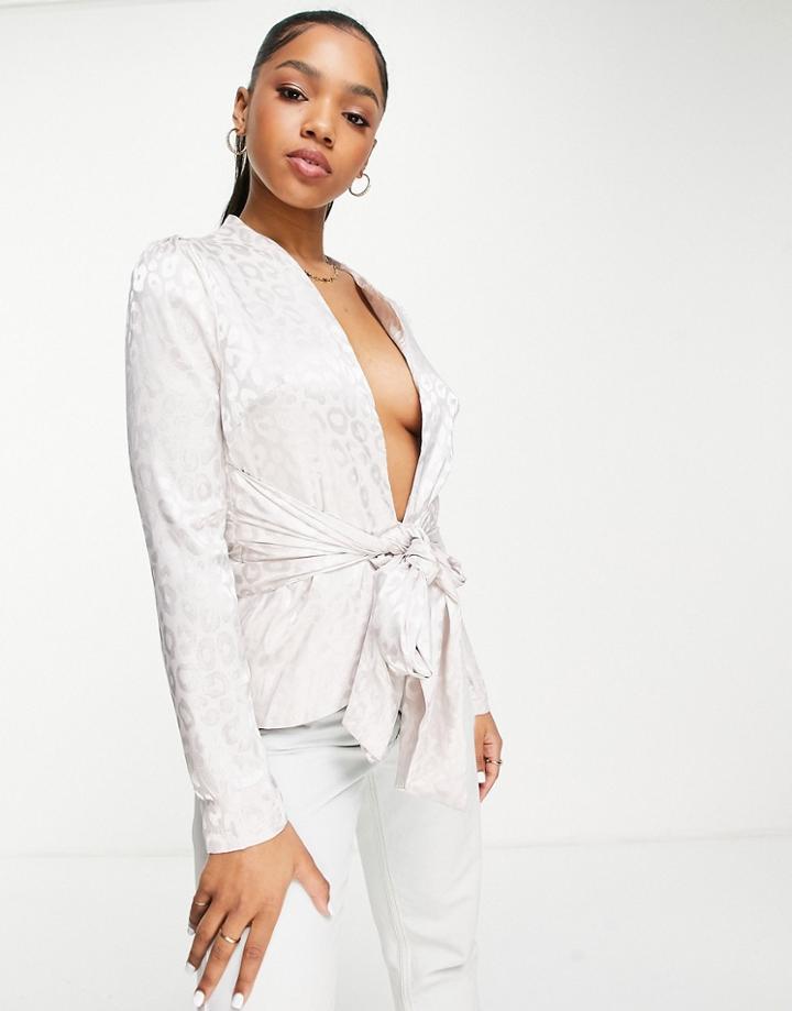Lola May Tie Front Blouse In Leopard Jacquard-white
