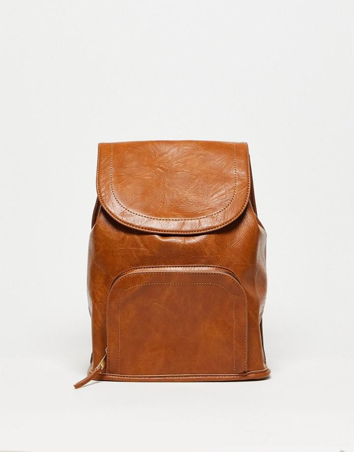 Asos Design Soft Backpack With Zip Front Pocket In Tan-brown