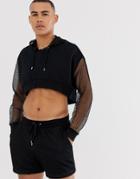 Asos Design Two-piece Oversized Cropped Hoodie With Mesh Sleeve And Hood In Black - Black