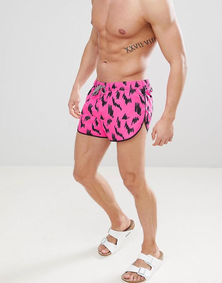 Asos Swim Shorts With Extreme Side Split In Squiggle Print - Pink