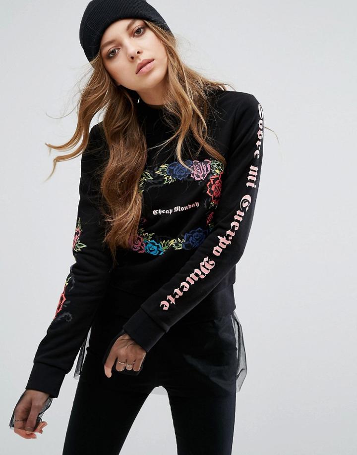 Cheap Monday Floral Slogan Sweatshirt - Black