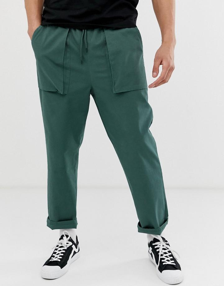 Asos Design Relaxed Pants In Deep Green With Pocket Detail - Green