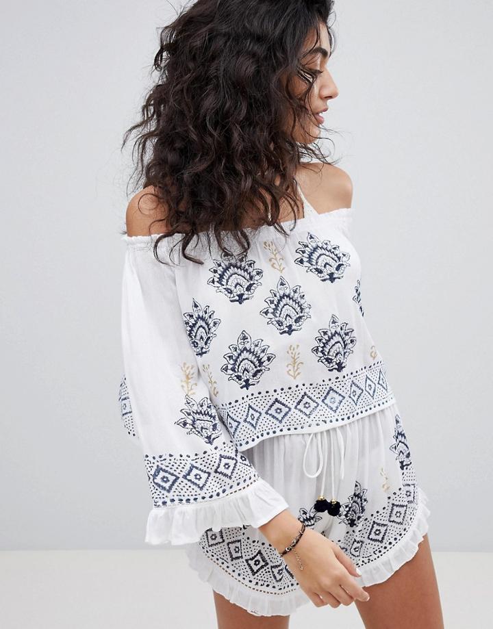 South Beach Embroidered Two-piece Bardot Beach Top With Bell Sleeve - White