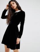Oh My Love Velvet Skater Dress With Lace Collar - Black