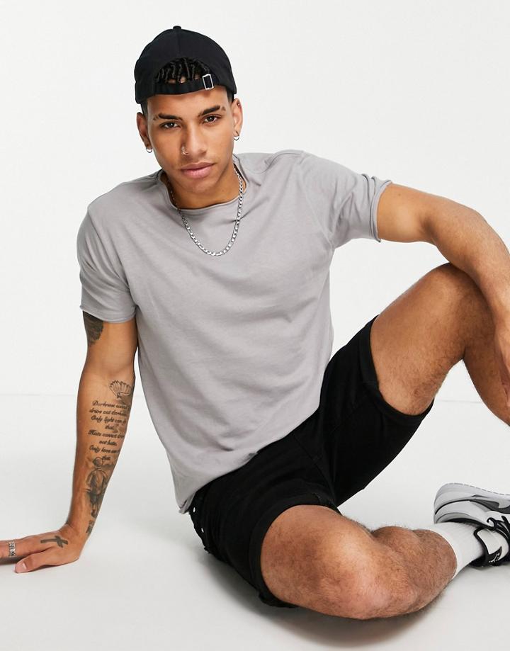 Brave Soul Raw Edge T-shirt In Silver Gray-grey
