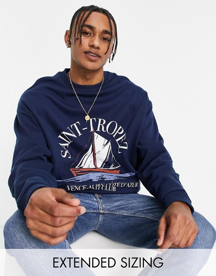 Asos Design Oversized Sweatshirt In Navy With Vintage Sailing Print