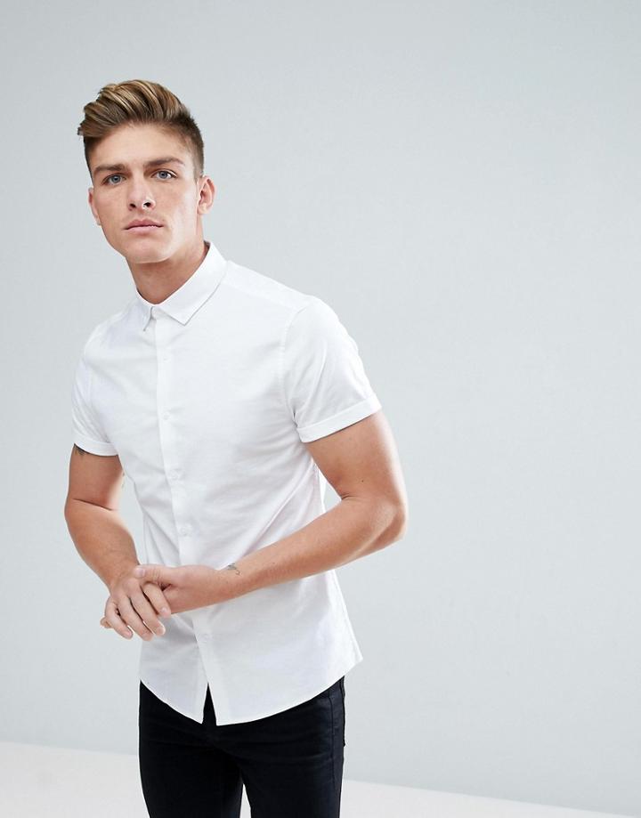 Asos Formal Skinny Oxford In White With Short Sleeves - White