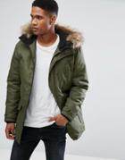 Jack & Jones Core Parka With Fleece Lined Hood And Faux Fur Trim - Green