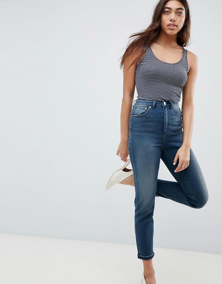 Asos Design Farleigh High Waist Slim Mom Jeans In Turya Aged Blue Wash - Blue