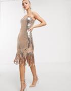 Goddiva Sequin Midi Dress With Tassel Drop Hem In Rose Gold