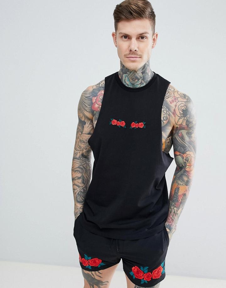 Asos Design Sleeveless T-shirt With Dropped Armhole And Rose Embroidery Two-piece - Black