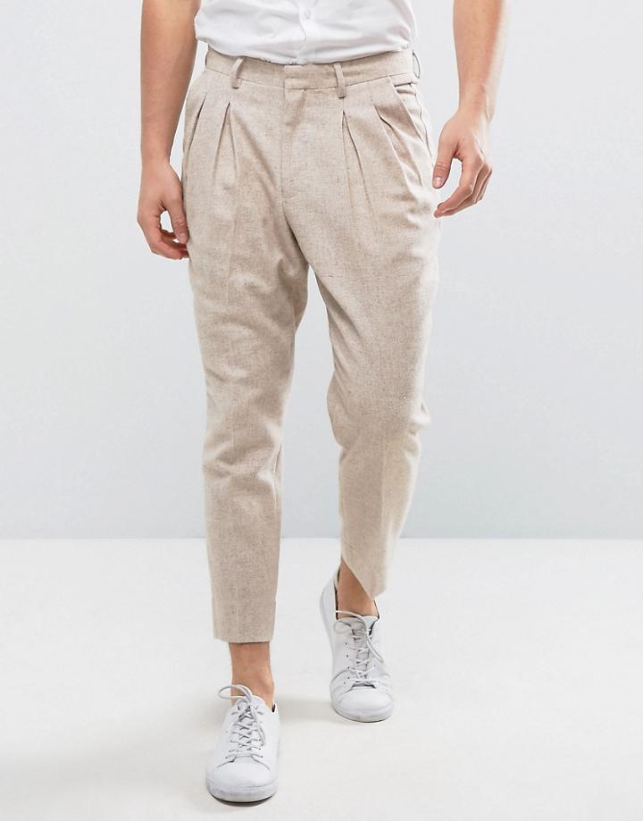 Asos Tapered Smart Pants In Oatmeal With Pleats - Beige