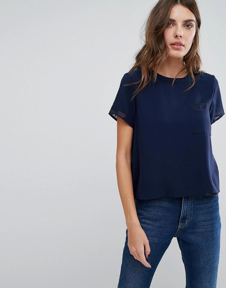 Neon Rose Sheer Insert Tee With Pocket Detail - Navy