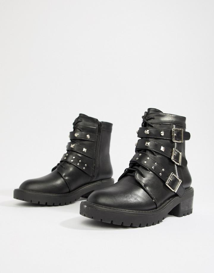 Boohoo Stud And Buckle Boots In Black - Black