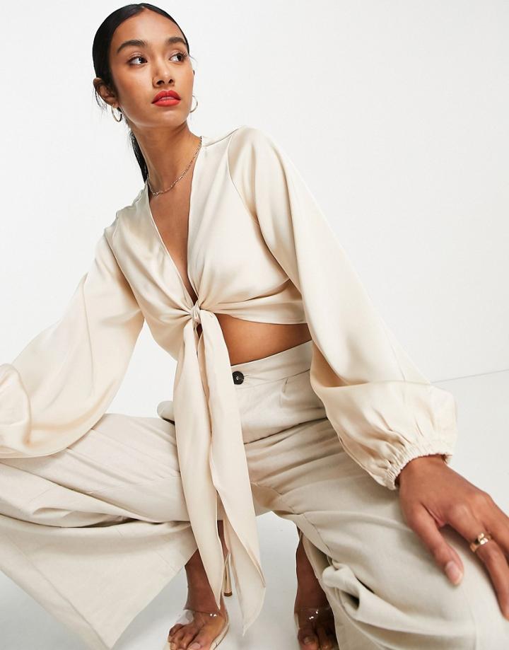 Pretty Lavish Tie Front Satin Blouse In Cream - Part Of A Set-white