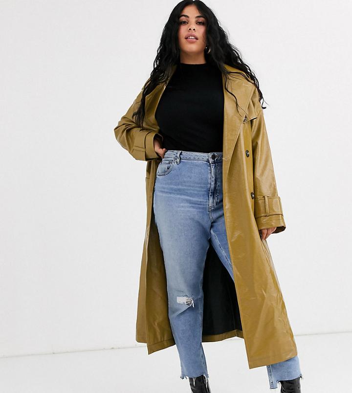 Asos Design Curve Vinyl Trench Coat In Khaki