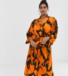 Another Reason Plus Slouch Shirt Dress With Drawstring Waist In Blur Print - Orange