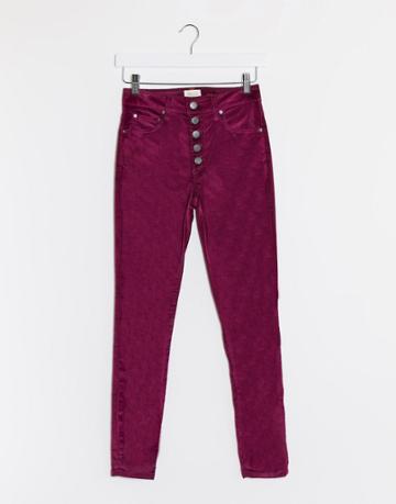 Alice & Olivia Jeans High Rise Velvet Jeans With Exposed Buttons In Purple-red