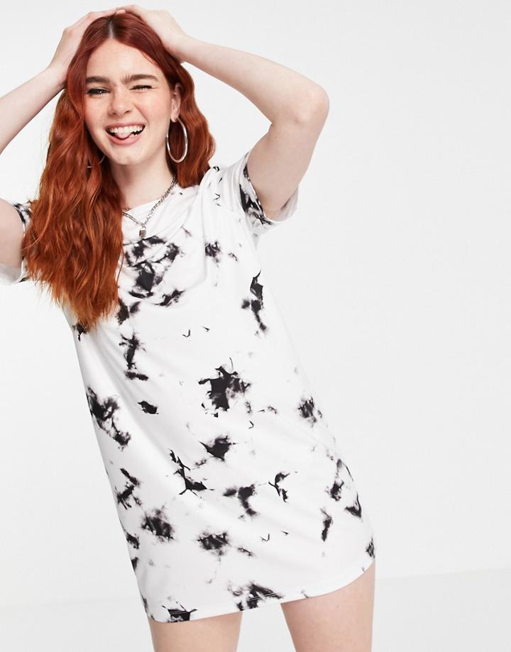 Noisy May Tie Dye T-shirt Dress In Black And White-multi