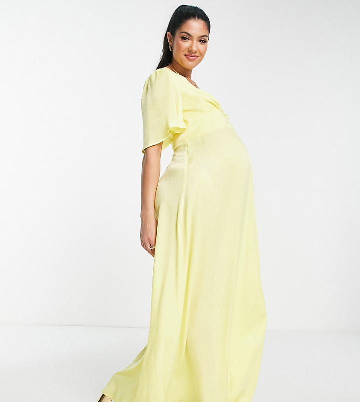 Flounce London Maternity Flutter Sleeve Maxi Dress With Plunge Front In Yellow Satin