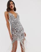 Asos Edition Sequin Cutwork Cami Midi Dress With Fringe - Silver