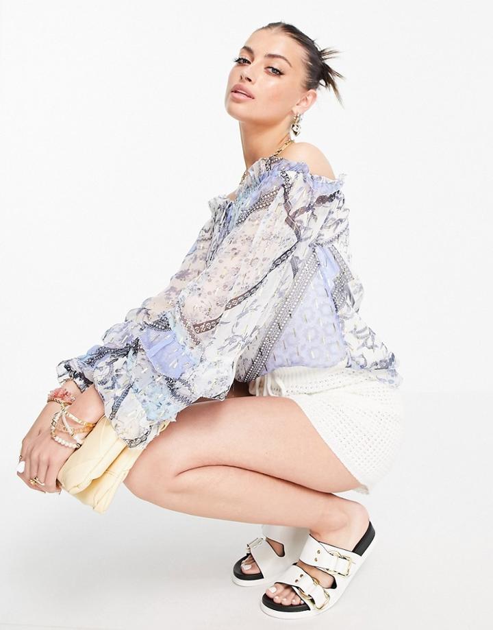 River Island Patchwork Floral Bardot Blouse In Blue-blues