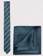 New Look Stripe Tie And Pocket Square In Green - Green