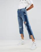 Asos Deconstructed Straight Leg Jeans With Rips And Extreme Stepped Hem - Blue