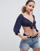 Boohoo Tie Front Polka Dot Crop Top - White