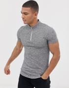 Asos Design Muscle T-shirt With Turtle Zip Neck In Interest Rib In Gray - Gray