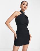 Asos Design Halter Mini Dress In Textured Crepe-black