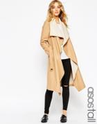 Asos Tall Coat With Waterfall Front And Belt - Camel