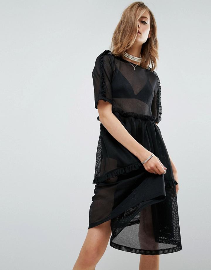 Asos T-shirt Dress In Mesh With Frill Detail - Black