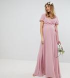 Tfnc Maternity Wrap Maxi Bridesmaid Dress With Tie Detail And Puff Sleeves - Pink