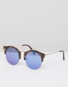 Asos Half Round Sunglasses In Marble Tort And Blue Flash Flat Lens - Brown