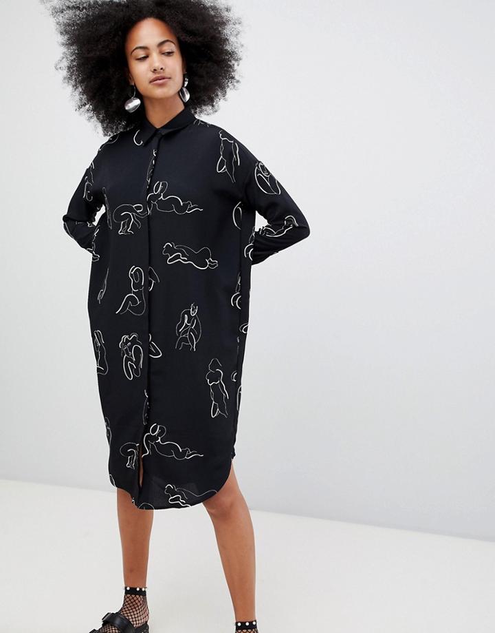 Monki Soft Body Print Shirt Dress With Pocket - Black