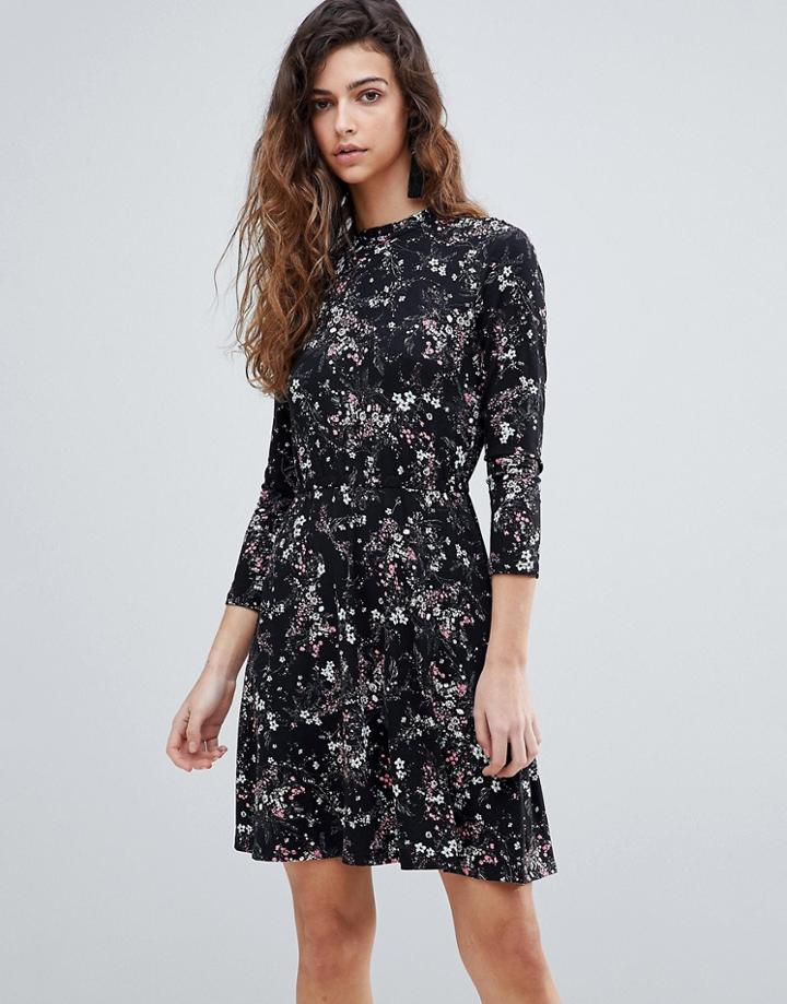 Warehouse Ditsy Floral Print Skater Dress - Black