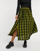 Asos Design Midi Skirt With Split Detail In Green And Black Check Print-multi