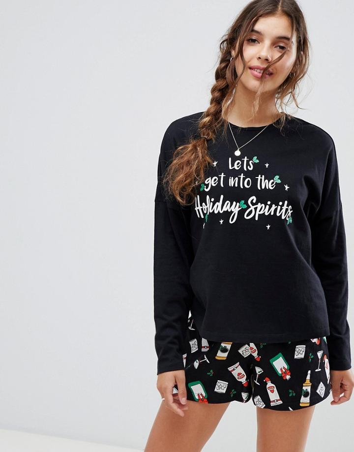 Asos Design Let's Get Into The Christmas Sprits Short And Long Sleeve Pyjama Set - Black