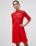 Liquorish A-line Dress With Lace Overlay Top - Red